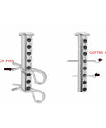 Adjustable Clevis Pin Kit With Eight Holes And R Clip Zinc Coated Steel One Quarter Inch By Two Inch Heavy Duty Workhorse Fastener shown
