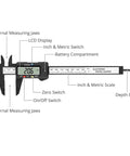 Digital Vernier Caliper 0-6 Inch With External Internal Depth And Step Measurements, displaying LCD and features