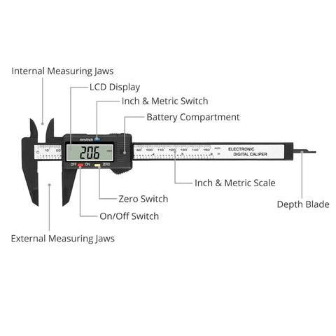 Digital Vernier Caliper 0-6 Inch With External Internal Depth And Step Measurements, displaying LCD and features