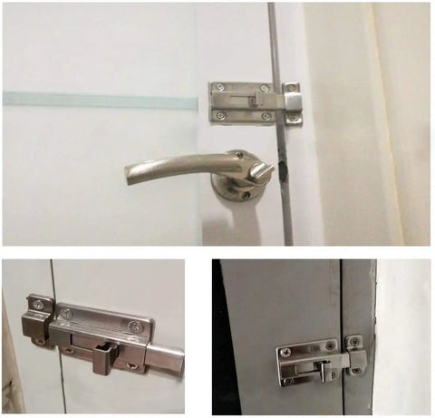 Stainless Steel Sliding Door Bolt Lock 2 Pack Surface Mounted Latch 3 Inch Door Bolts For Internal Doors, installed on doors.