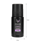 Axe Excite deodorant body spray in black bottle with purple label, showing 5.1 inches height and 1.9 inches width