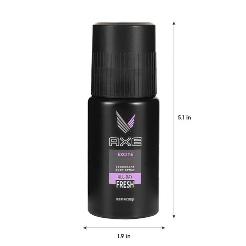 Axe Excite deodorant body spray in black bottle with purple label, showing 5.1 inches height and 1.9 inches width