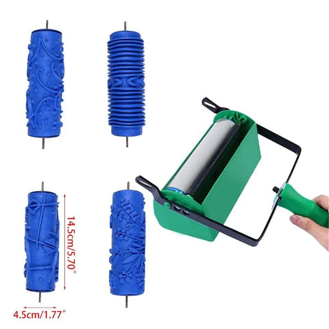 Slick Patterned Paint Roller With Swappable Texture Wheels and Dual Color Coating Wand, featuring three blue texture wheels and green handle.