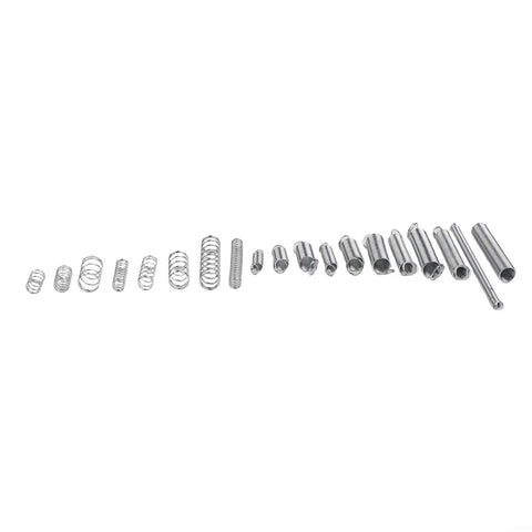 Huge 200-Piece Compression And Extension Spring Assortment Kit With 20 Different Sizes For Serious Car Repairs, Garage Work, Heavy Duty Maintenance, And Everyday Hardware Fixes Featuring Sturdy Metal Coils And A Nifty Storage Box. Metal spring assortment with 20 sizes laid out on white