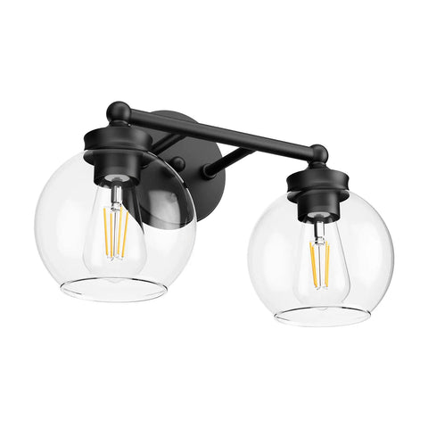 Industrial Vanity Light Fixture With Two Light Vintage Matte Black Bathroom Lighting Globe Clear Glass Shades Farmhouse Wall Sconces
