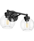 Front view of Three Light Matte Black Industrial Vanity Light With Clear Glass Globes, Farmhouse Bathroom Sconce, black metal frame