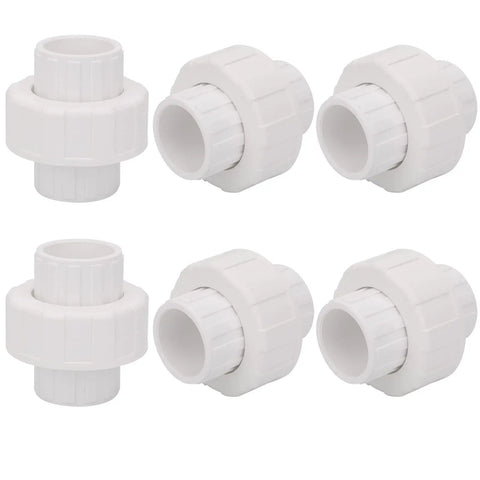 Six Pack Three Quarter Inch PVC Union Fittings Socket To Socket Slip On Couplings For Schedule 40 PVC Plumbing White With EPDM O Ring