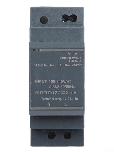 Heavy Duty Din Rail Power Supply 12v 2.5a Industrial Switching Adapter With Short Circuit Protection front view with specifications