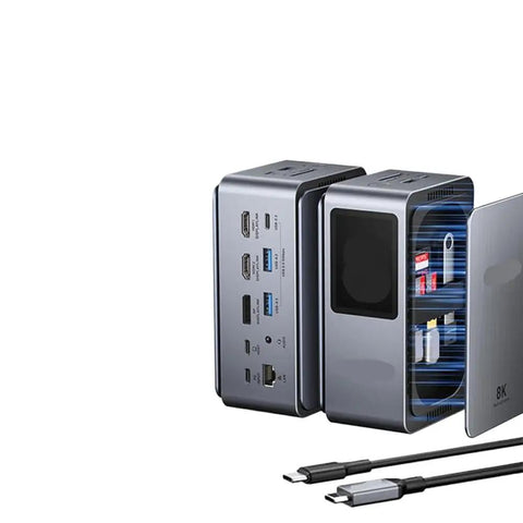Level Up Your Daily Grind With This Hella Reliable 13-In-1 USB-C Docking Station showing ports and USB cables.