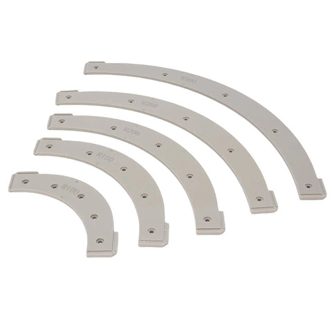 NoFuss Router Radius Template Kit With Five Essential Jigs Spanning R100 Through R300 showing plastic radius guides for edge work.