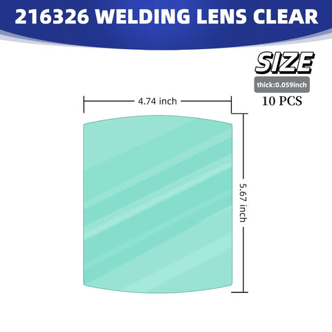 Clear Front Lens Cover Replacement Pack For Welding Helmets 10 Pack Exterior Outer Lens Fits MP 10 Elite Titanium Digital Elite And Miller Series Helmets Pro Grade Clarity Easy Upgrade showing lens dimensions and thickness.