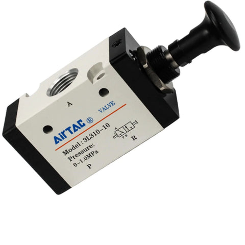 Push Pull Pneumatic Valve With Hand Lever, Three Way Air Control Valve, Direct Acting, Two Position, Three Eighth Inch NPT Ports