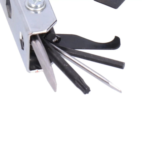 Close-up of Foldaway Pocket Multi Tool Kit For Chain Saw Maintenance with various wrenches and screwdriver visible