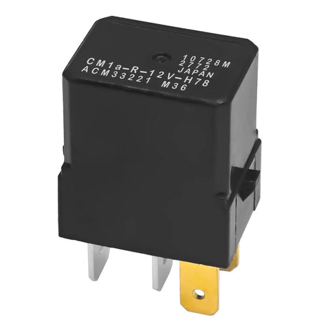 Pack Of Four 12V DC Automotive Relay With Four Pins, Multipurpose SPST Plug In Relay, OEM Style Replacement Compatible With CM1-aF-12V CM1a-R-12V-H78, Durable Auto Relay For Wiring Harnesses And Electrical Systems. Black plastic 12V DC four-pin relay, angled view