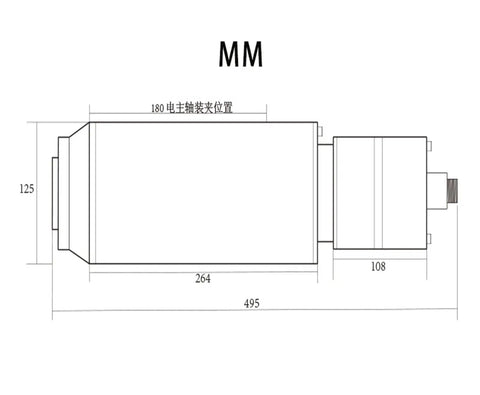 Technical drawing of Heavy Duty Workhorse 7.5KW Water Cooled Electric Spindle BT30 125mm Bore dimensions in mm.