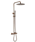 Top Tier Thermostatic Shower System With Brushed Rose Gold Rainfall And Handheld Spray Auto Temp Balance Wide Coverage.