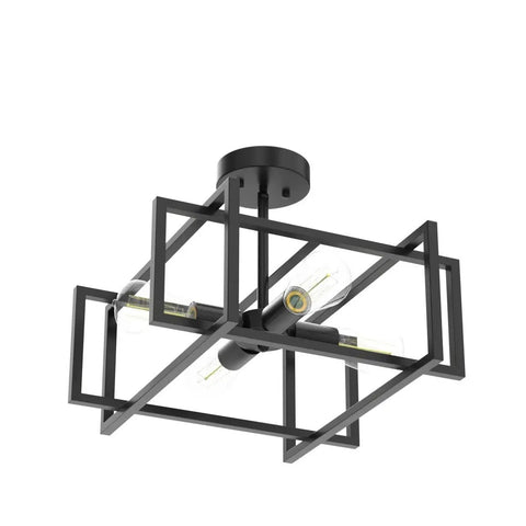 Slick Black 4 Light Ceiling Fixture, Industrial Farmhouse Flush Mount Chandelier with matte black cube cage design
