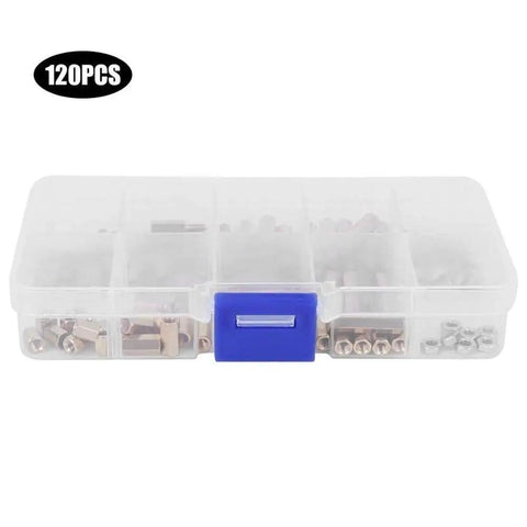 Heavy Duty Brass M3 Fastener Assortment Kit With Hex Socket Standoff Studs Flanged Bolts And Gasket Nuts in a clear organizer box.