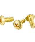 Solid Brass Pan Head Machine Screw Assortment Cross Recess Fully Threaded Fasteners with a shiny gold finish.