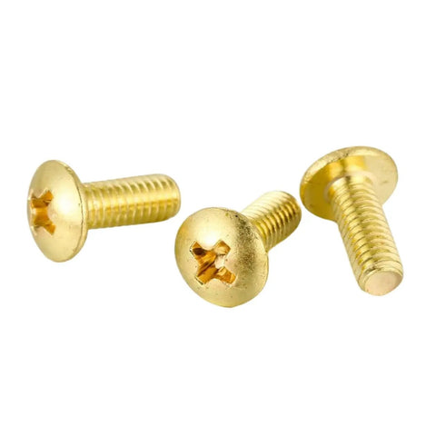 Solid Brass Pan Head Machine Screw Assortment Cross Recess Fully Threaded Fasteners with a shiny gold finish.