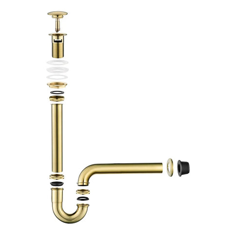 Brushed Gold U-Shape Sink Stopper Kit With Overflow For Bathroom One And A Quarter Inch Slip Inlet Drain Bottle Trap Complete Pop Up Waste Set