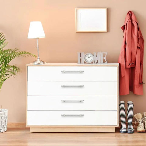 White dresser with Brushed Nickel Cabinet Handles 25 Pack For Cabinets And Drawers 6-1/4 Inch Center To Center Stainless Steel Cabinet Pulls