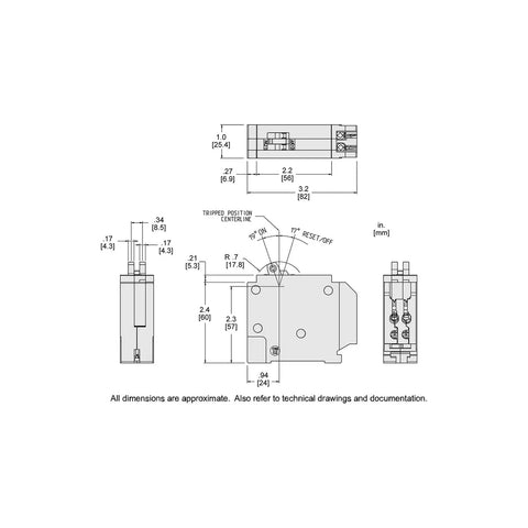 Technical diagram of Homeline Twin 15 Amp Single Pole Tandem Circuit Breaker With 10kA Interrupt Rating And Easy Plug On Design.