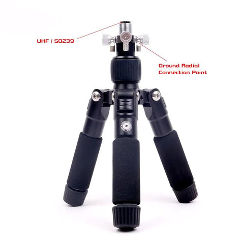 Portable Antenna Tripod Mast With Multi Connector Head SO239 3 8 24 And 1 4 Inch Camera Screw For CB HF Ham Radios And Photography Gear A Lightweight Tower Compatible With GRA 7350T For Field Ops, showing UHF SO239 connector and radial point.