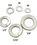 Stainless steel split lock washers set, 100 pcs, 304-grade, assorted sizes 1/4, 5/16, 3/8 in