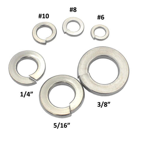 Stainless steel split lock washers set, 100 pcs, 304-grade, assorted sizes 1/4, 5/16, 3/8 in