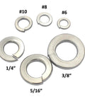 Heavy Duty 304 Stainless Steel Spring Lock Washers 100 Pack 5/16 Inch Durable Split Lock Rings in various sizes, labeled