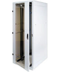 Rock Solid Pro Level 42U Network Cabinet With Tempered Glass Front Panel, white enclosure with open doors showcasing interior.