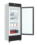 No Sweat Upright Medical Freezer With Twenty Seven Inch Width And Eleven Cubic Feet Storage Space Seven Organized Drawers with open door showing neatly stored items.
