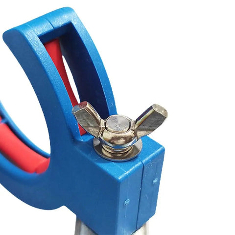 Close-up of a blue cable tray roller with a wingnut screw for the Two Pack Blue Cable Wire Threading Tool And Cable Tray Roller For Easy Wire Pulling And Threading Adjustable Roller Pulley System To Keep Cables Smooth And Neat.