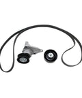 Engine Drive Belt Kit W Tensioner Pulley For Cadillac Escalade 2003 06 Buick Rainier 2004 07 Fits Gmc Chevy Truck Suv Replace 90K38158A black belt, tensioner and idler pulley on white background