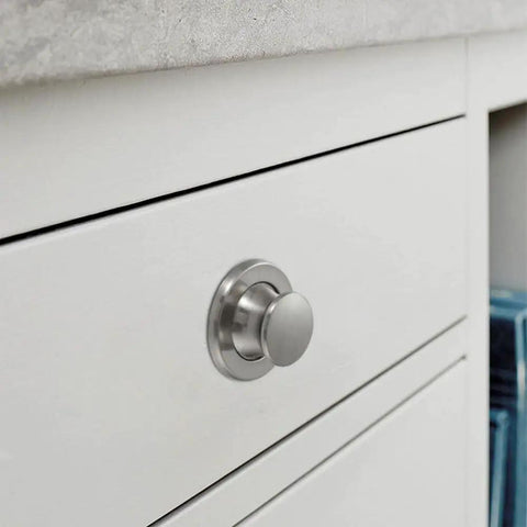 Embedded Retractable Spring Cabinet Knobs Set Zinc Alloy Hidden Drawer Pulls in Brushed Finish on Kitchen Drawer.
