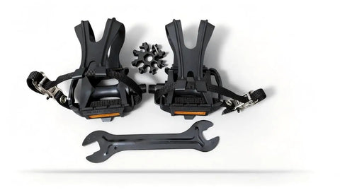 Extra Wide Bike Pedals With Toe Clips And Straps, Nine Sixteenths Inch Oversized Platform For Indoor Cycling And MTB, tools included
