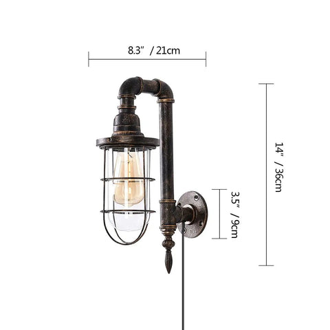 Industrial Plug In Wall Light E26 Base Edison Wire Retro Style Vintage Wall Lights Cage Rustic Sconce with 5.9 ft Cord