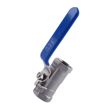Top Shelf 1/2 Inch Stainless Steel Ball Valve Female To Female Connections Heavy Duty 304 Grade Steel For Quick Water Shutoff Reliable Flow Control And Easy Plumbing Jobs For Pros with blue handle.