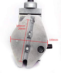 Front view of lathe tool rest assembly, metal silver finish with adjustment screws and a black side knob