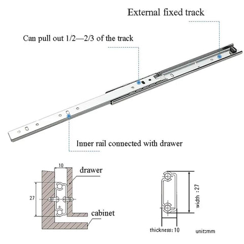 Diagram of Two Way Full Extension Stainless Steel Drawer Slides With Soft Close And Ball Bearing Runners 27mm Wide Heavy Duty Drawer Rails 12in 300mm Length