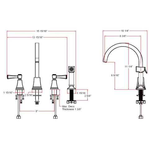 Diagram of Torino Classic Modern 2 Handle Kitchen Faucet With Side Sprayer Satin Nickel Finish 4 Hole Deck Mount 1.8 GPM Dual Handles
