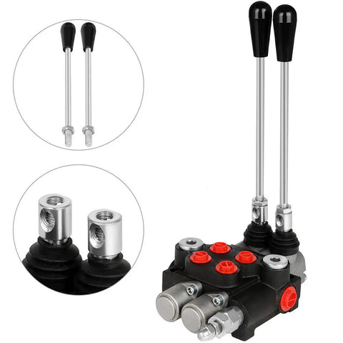 Dual Spool Hydraulic Flow Control Valve For Small Tractors And Loaders, 21 GPM At 3600 PSI, G Ports, with lever handles and fittings