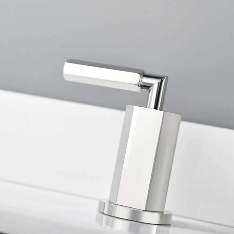 Close-up of Two Handles Three Hole Hexagonal High Arch Polished Chrome Widespread Bathroom Faucet handle on white surface