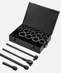 Big Time Heavy Duty 1 Inch Drive Impact Socket Set 21 Piece Standard Inch Sizes Chrome Vanadium Steel Heat Treated For High Torque Auto Repair Garage Builds, black case with sockets and extensions.