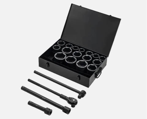 Big Time Heavy Duty 1 Inch Drive Impact Socket Set 21 Piece Standard Inch Sizes Chrome Vanadium Steel Heat Treated For High Torque Auto Repair Garage Builds, black case with sockets and extensions.