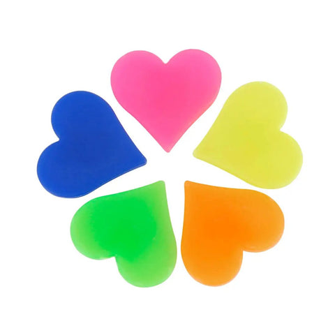 Five colorful heart-shaped beads from 70 Piece Multicolor Heart Shaped Spoke Bead Set for Bikes With Clip On Design Durable Plastic Wheel Decorations