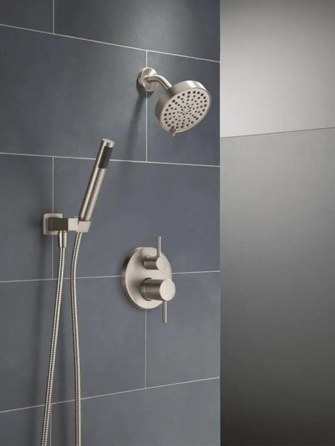 Slick Brushed Nickel Shower System Valve Trim Kit Featuring A Badass 6 Inch Rainfall Head And Wall Mount Handheld With Integrated Diverter Plus SpotShield Stainless Resistant Finish For A Total Modern Flex