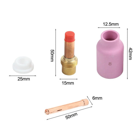 Ultimate 10 Piece Tig Gas Lens Kit For Wp 17 18 And 26 Welding Torch includes pink nozzle, collet, and insulator for precise welding setup.