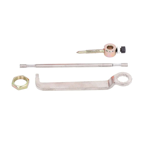 Components of the Electric Nibbler Attachment For Metal Cutting With 360 Degree Rotating Double Head Cutter shown with wrench and step drill.